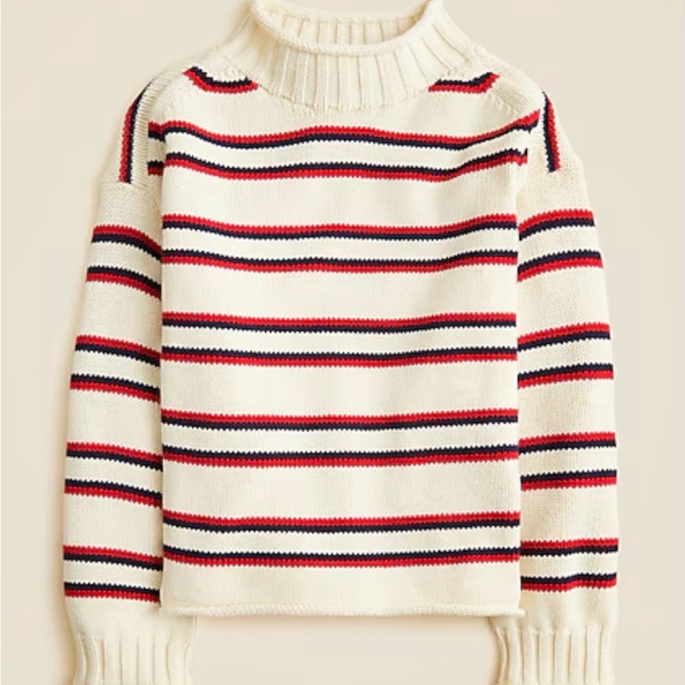 J. Crew Roll Neck Trade Sweater - Cream with Ruby & Navy Stripes